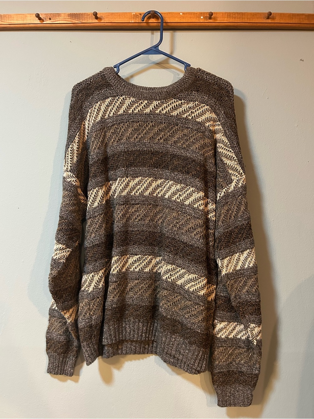 New Era Brown and Cream Striped Crewneck Sweater